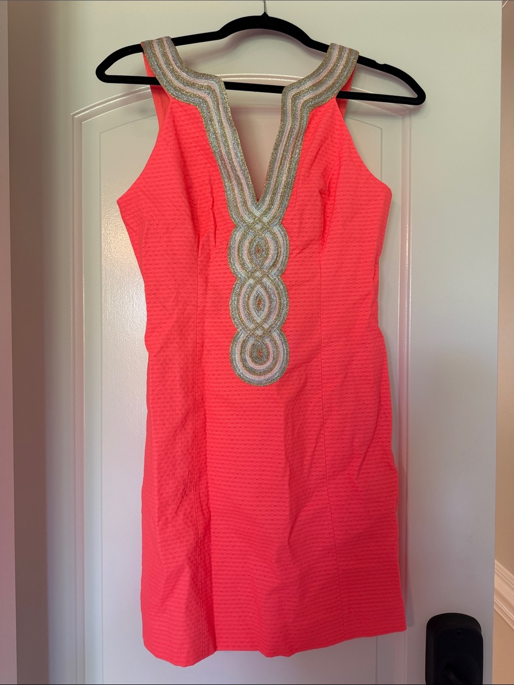 Lilly Pulitzer Coral Sheath Dress with Beaded Plunge Neckline